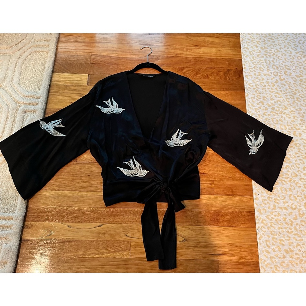 ZARA Black Satin Wrap Jacket; Silver Bird Patches; Wide Sleeves; XS-S  Like New!